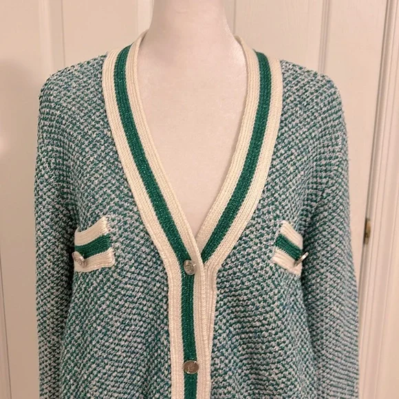 Maje Maitresse Green Lurex Metallic Threaded Cardigan Sweater Size 3, US Large - Picture 6 of 16